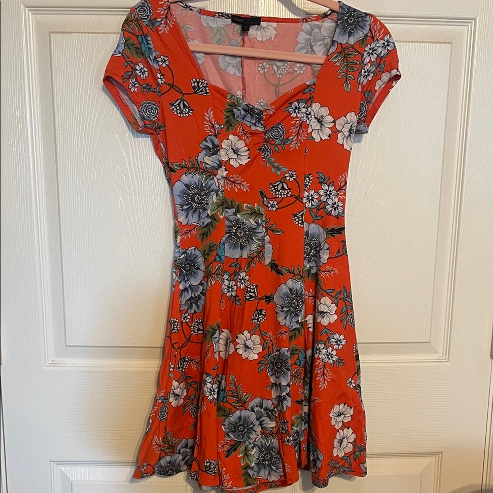 Floral V-Neck Dress - Orange and Blue
